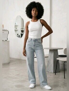 Vocal wide‑leg rhinestone jeans – S